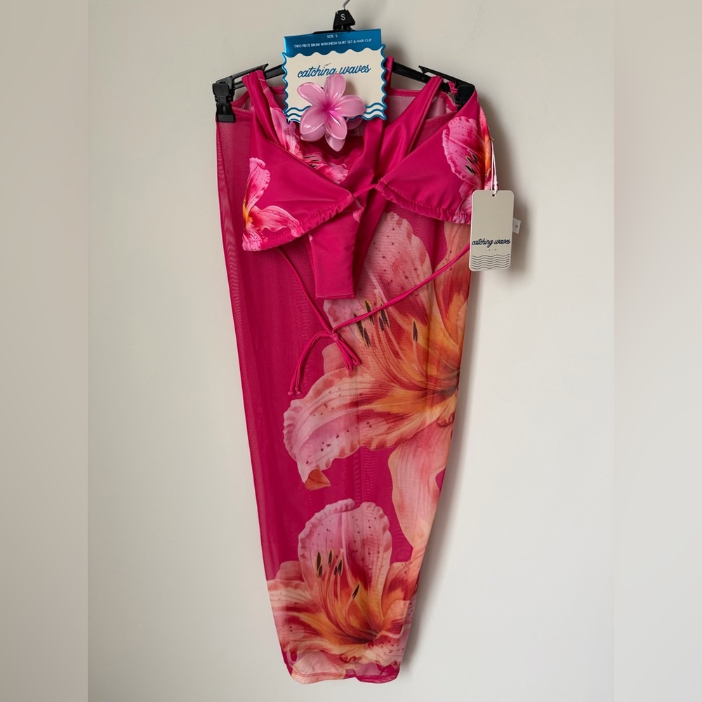 pink orchid bikini, mesh sarong and hair claw clip swim three piece set